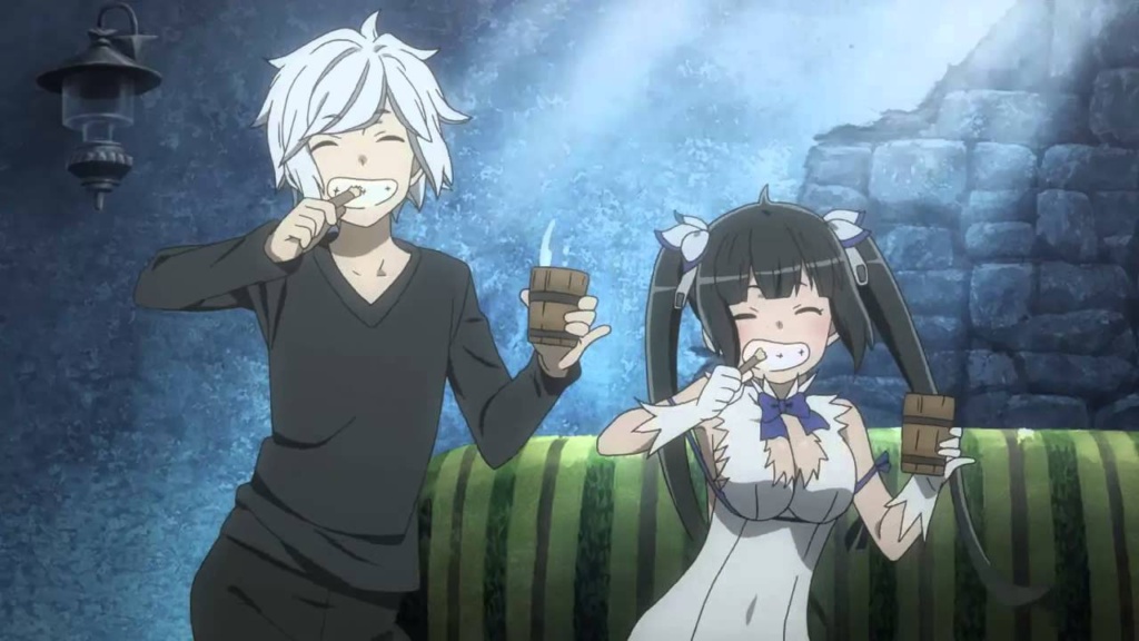 Bell and Hestia brushing their teeth - DanMachi