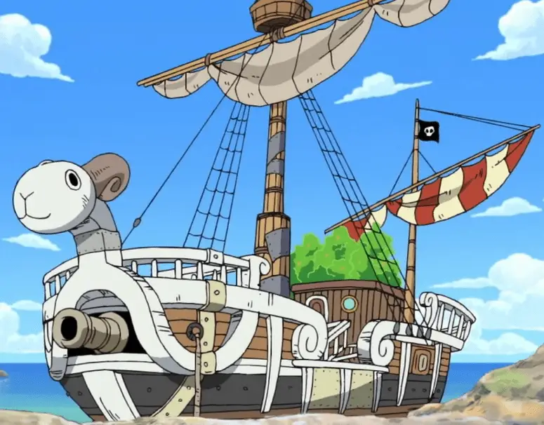 The Strawhat crew's ship 'Going Merry' docked at an island (One Piece)