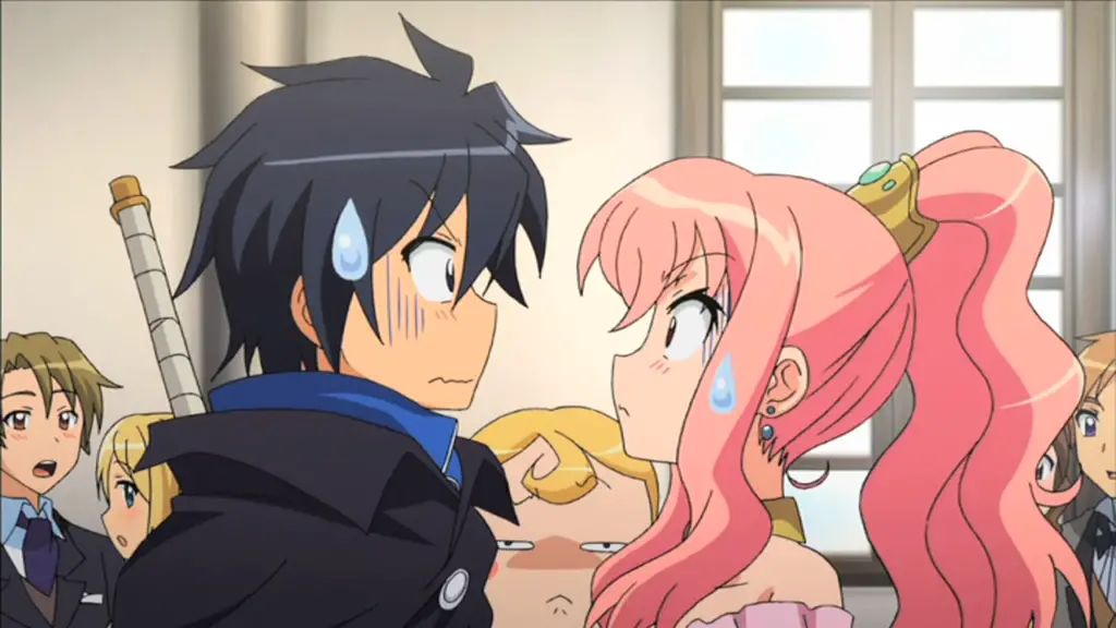 Louise and Saito blushing in each other's presence.