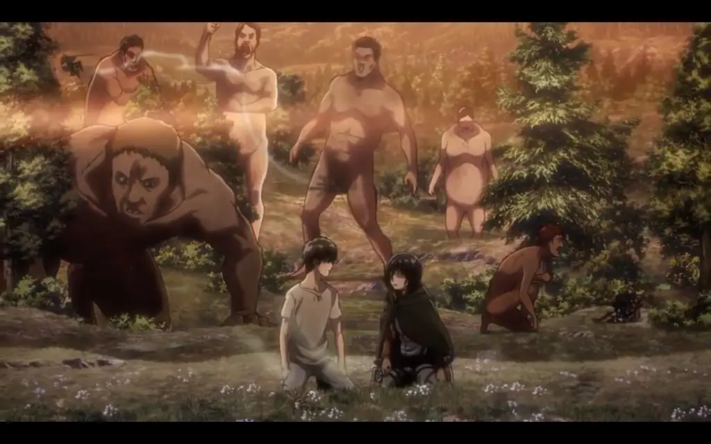 Eren, Mikasa and several Titans occupying a field. 