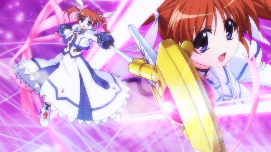 Nanoha posing with her staff. 