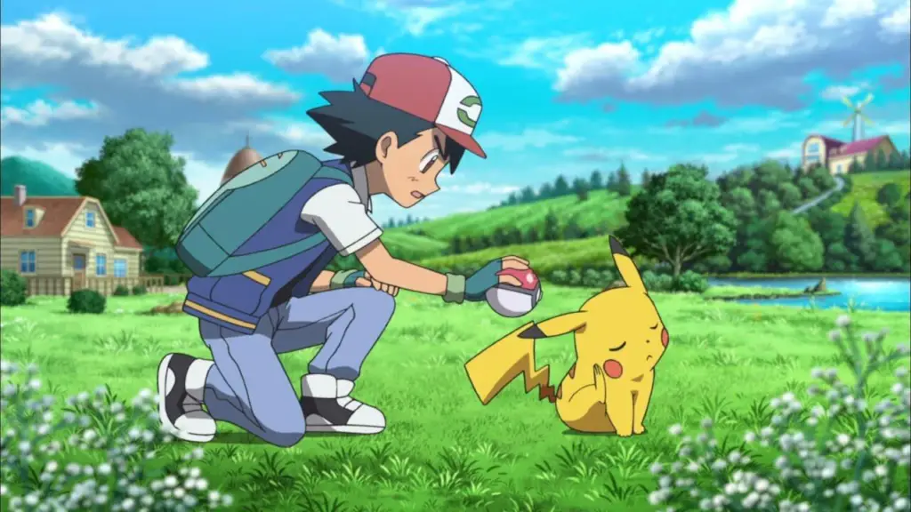 Ash attempting to get Pikachu into his Pokéball