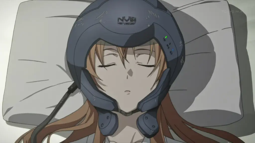 Sleeping Asuna wearing a Nervegear helmet