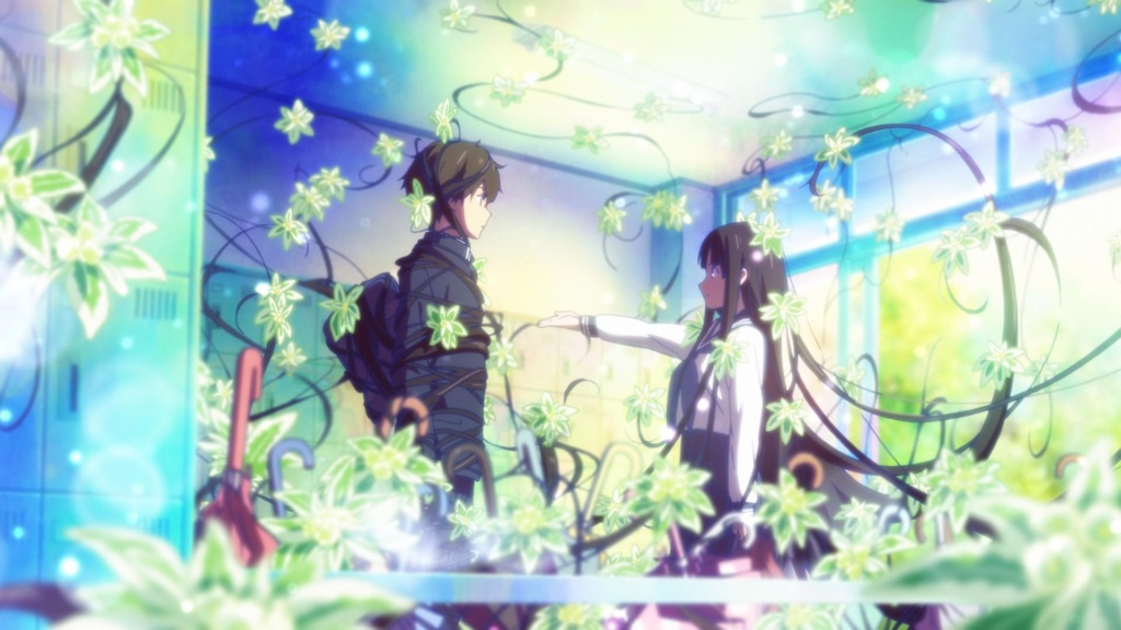 Oreki and Chitanda surrounded by green flowers