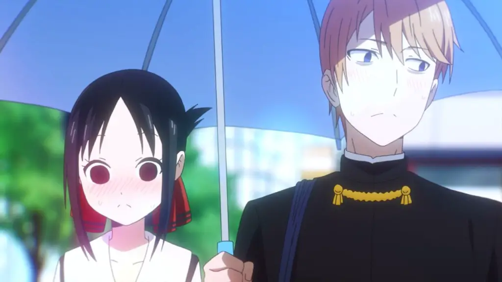 Kaguya and Miyuki under an umbrella blushing