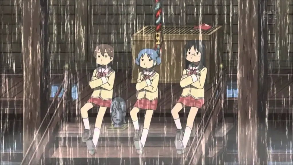 Nichijou cast annoyed by the rain sat inside a temple