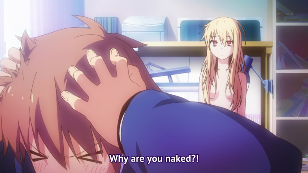 Shiina Mashiro (naked) and Kanda Sorata in the same room with the subtitle: "Why are you naked?!"