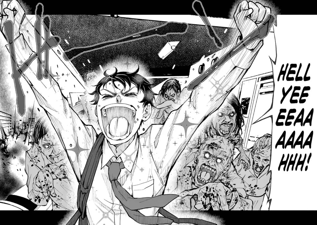 Protagonist of Zom 100 screaming "Hell Yeah" while being chased by zombies