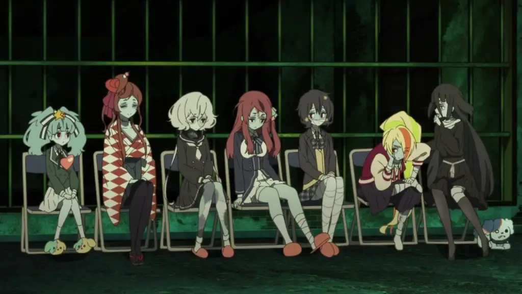 Zombieland Saga girls sat on chairs 
