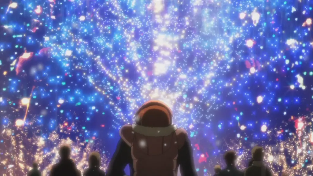 Otonashi carrying his sister Hatsune through Christmas lights in the Christmas anime episode of Angel Beats!