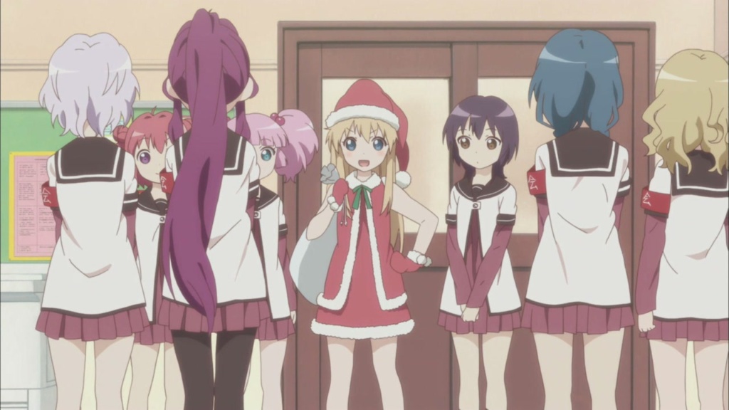 Yuru Yuri Christmas dating - the girls standing around Kyoko dressed as Santa. 