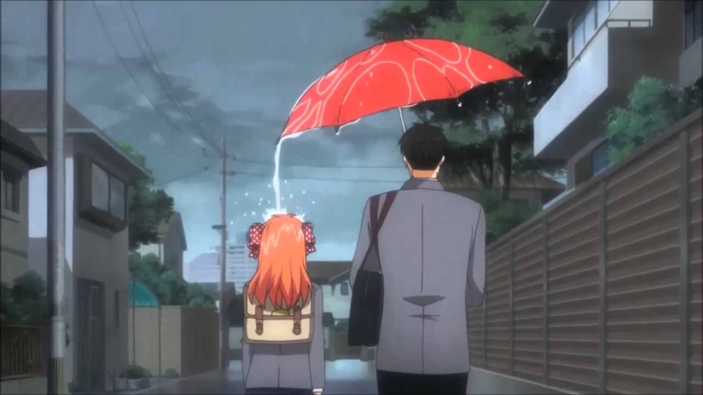 Nozaki and Chiyo in the rain - umbrella