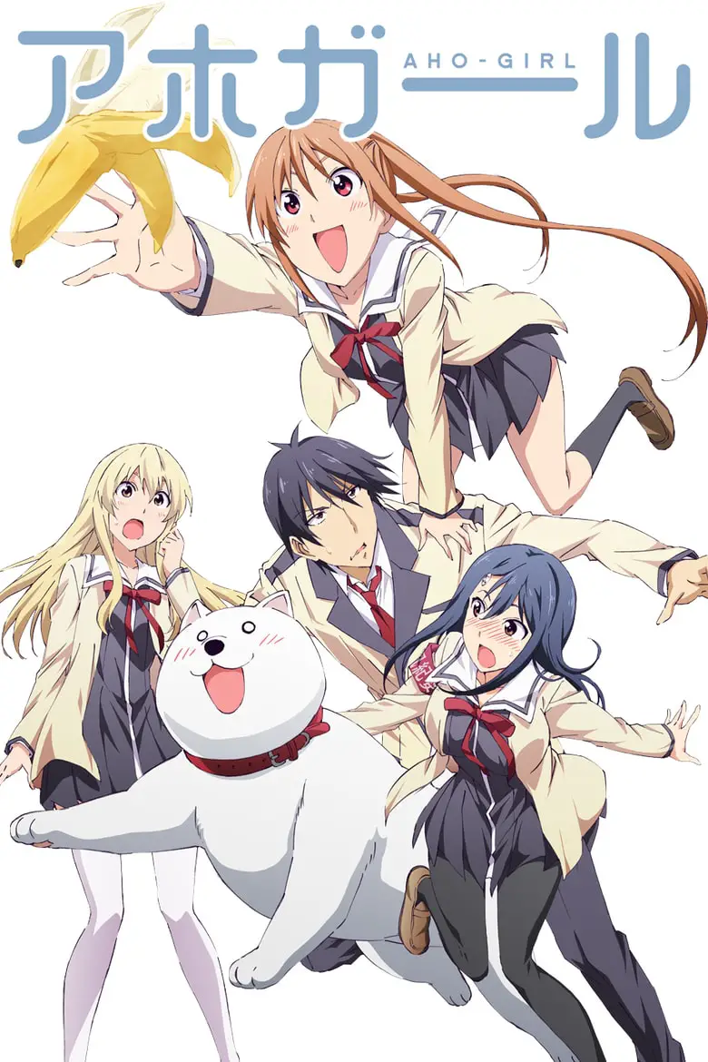 Anime girl and dog reach for a banana