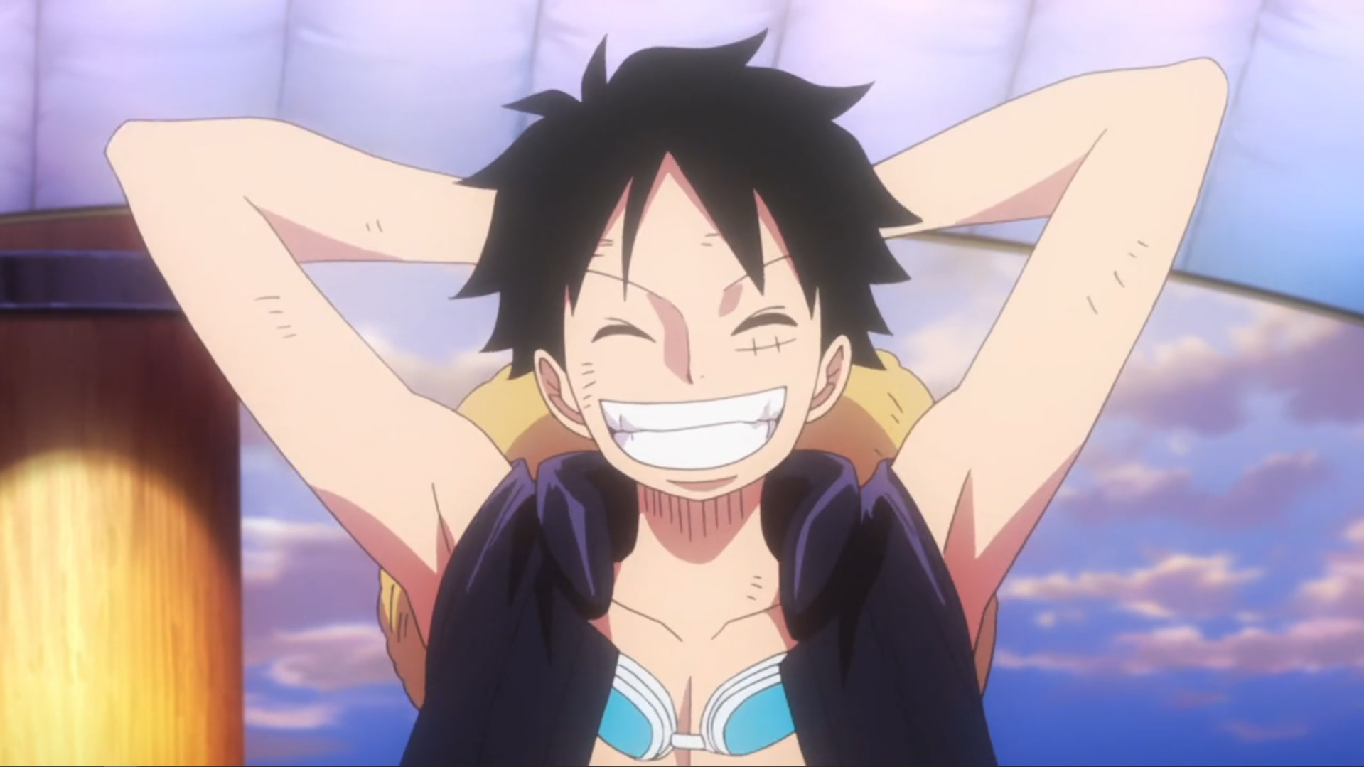 Luffy gives his trademark smile, with a carefree posture. The crew is on another adventure!