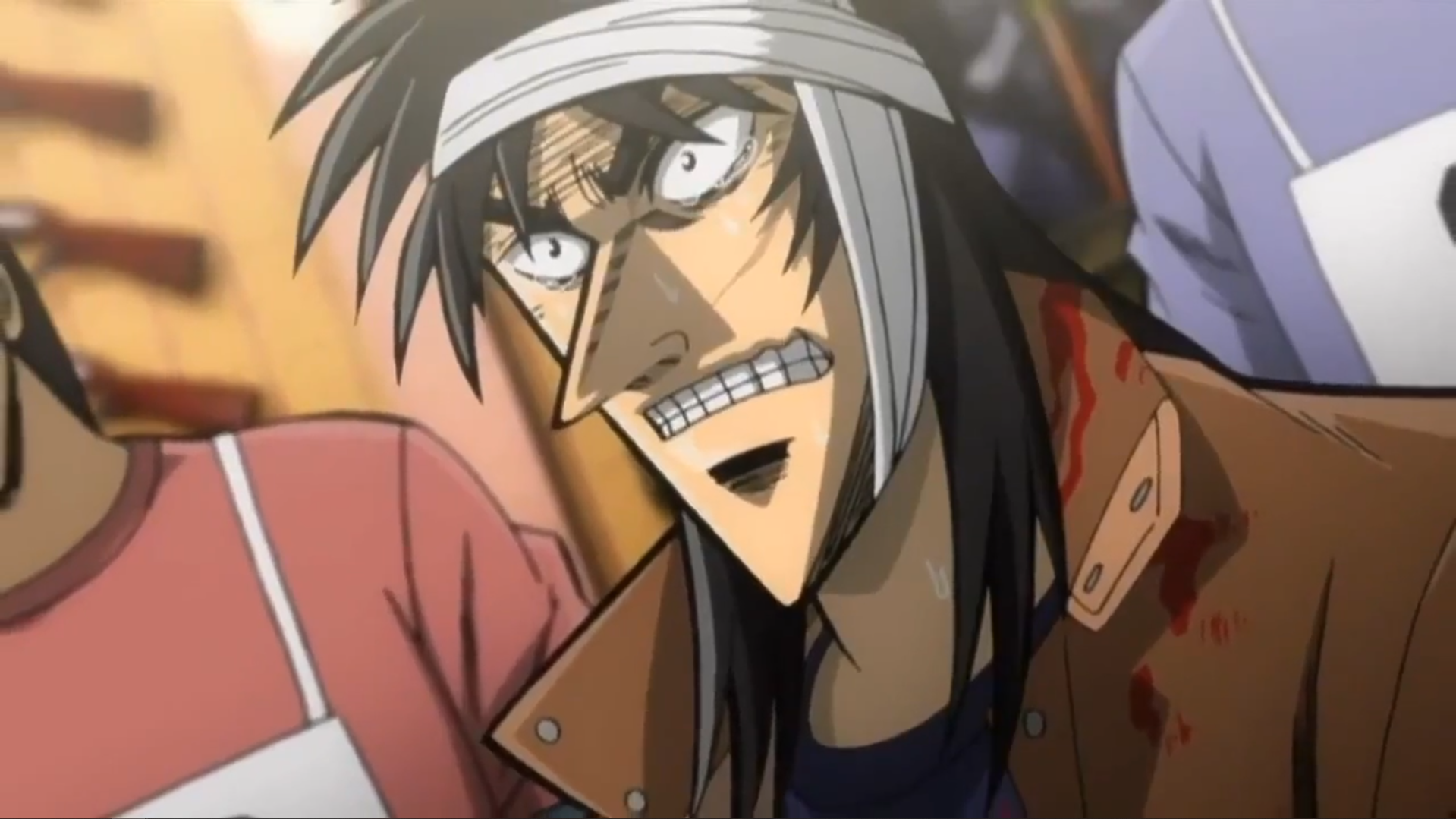 Kaiji tears up with stress, his coat is bloodied and his head is wrapped with bandages.