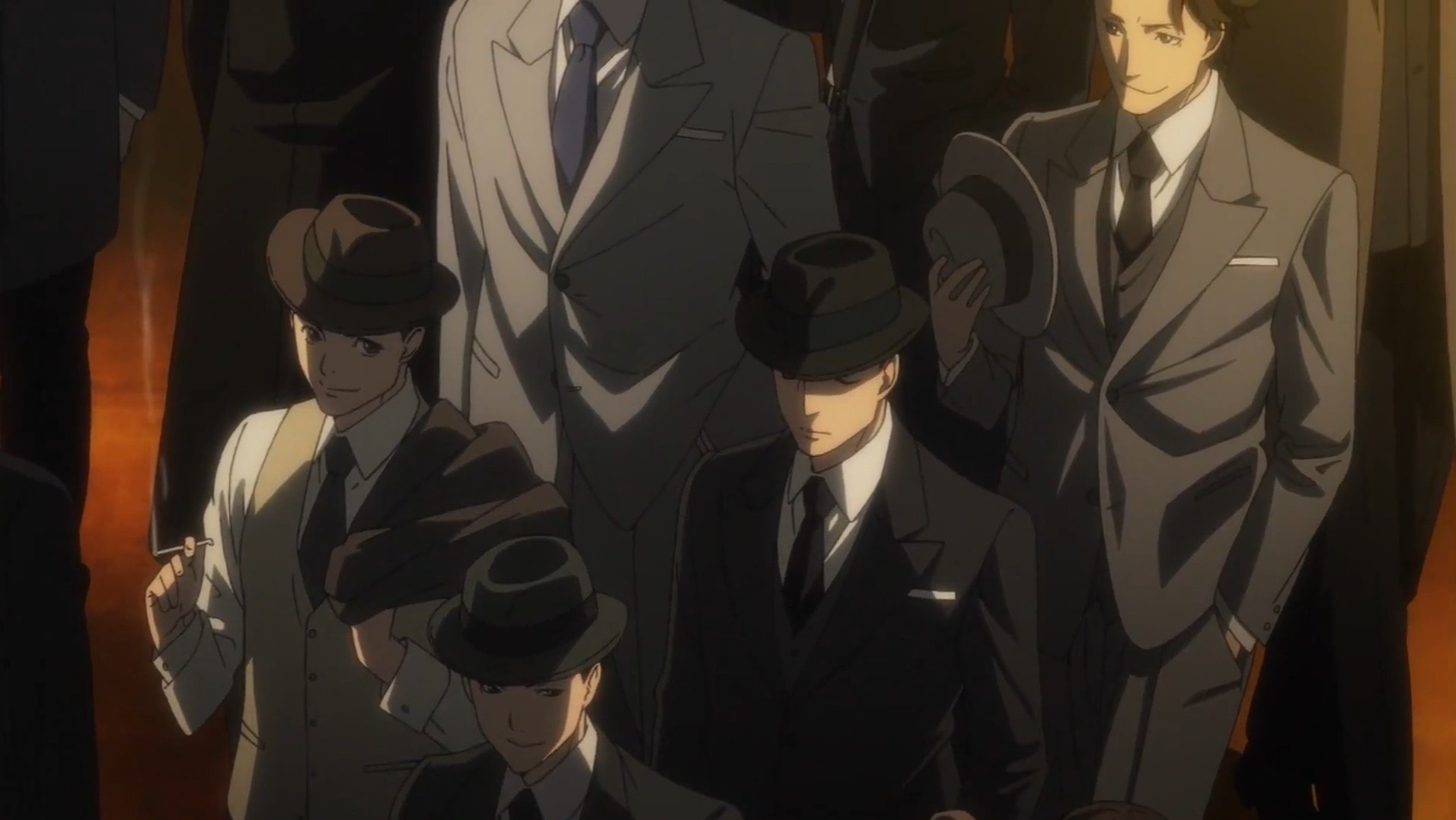 The best spies in all of Japan have gathered together in formal wear - fedoras and suits. 