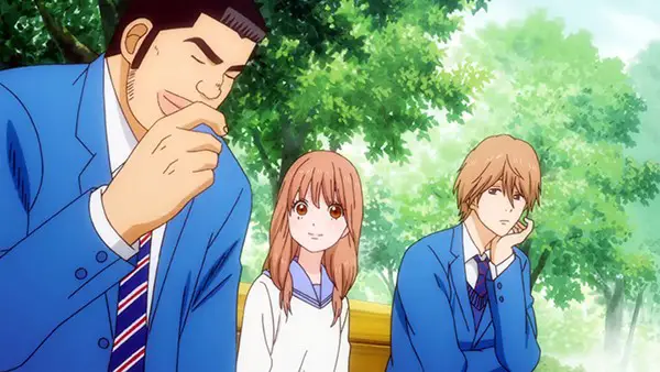 three anime friends sit on a bench