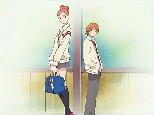 tall anime girl stands next to short anime boy