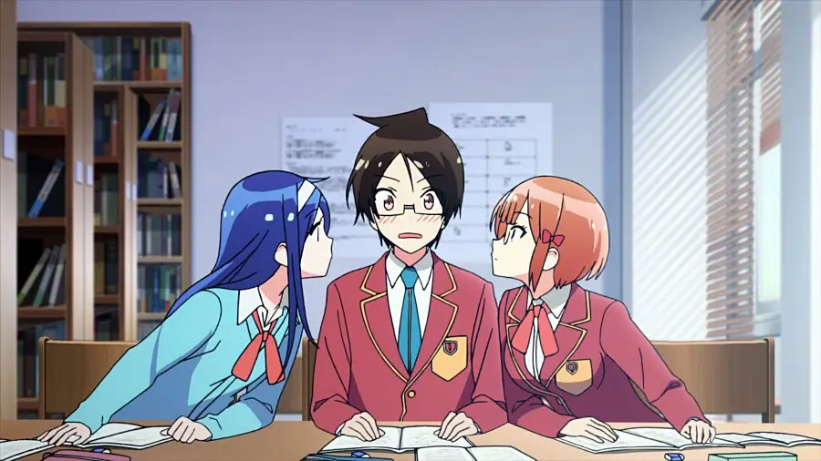 anime boy and two anime girl studying