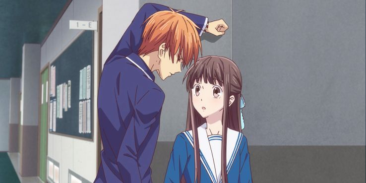 high school age anime boy and girl in school hallway