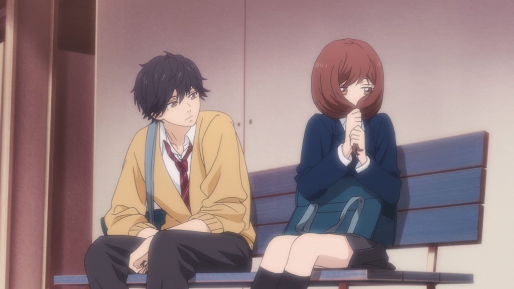 high school anime boy and girl sitting on bench