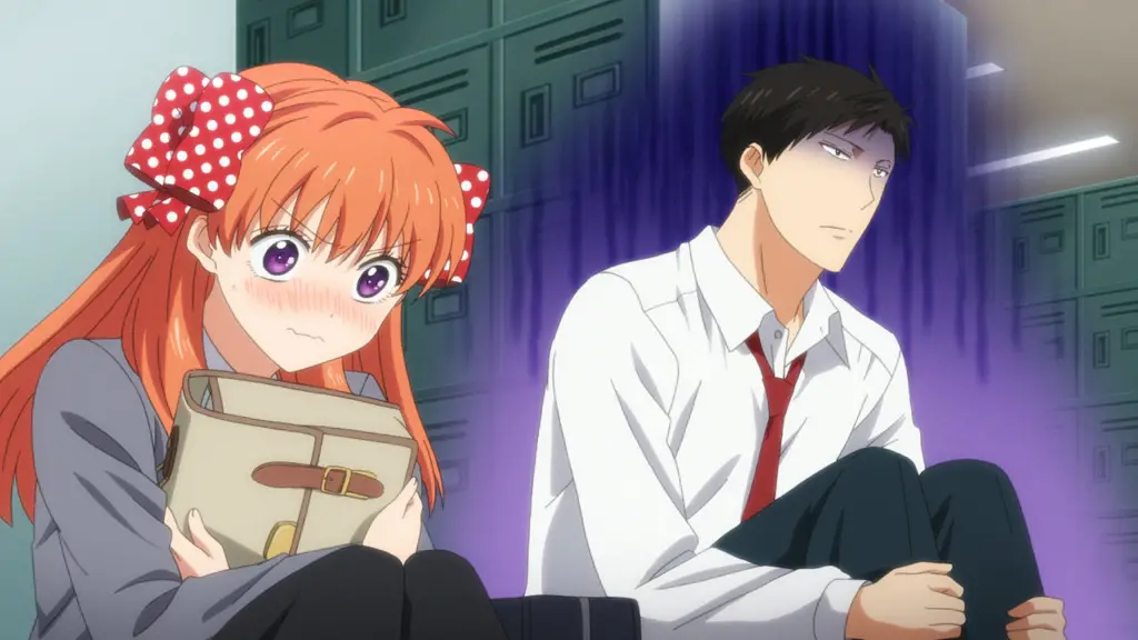 high school anime boy and girl sitting together embarrassed