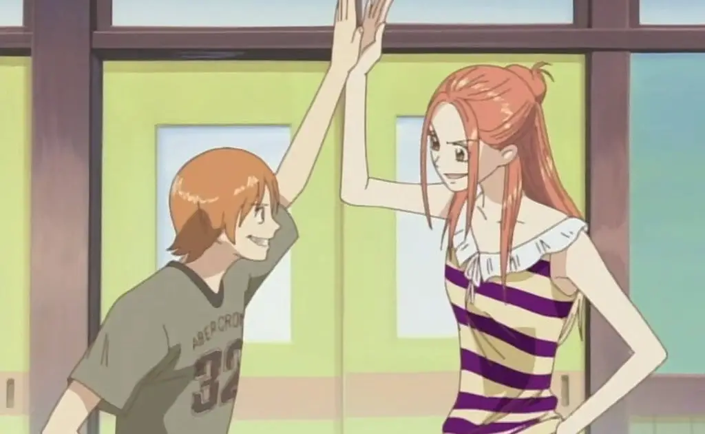 anime girl and boy high five