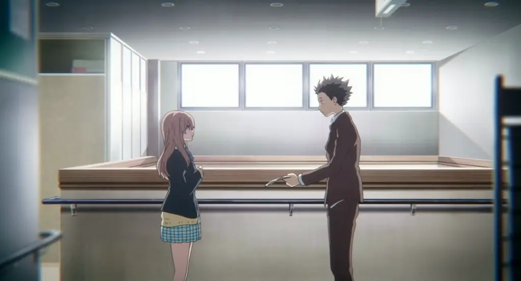 anime boy and girl in high school hallway