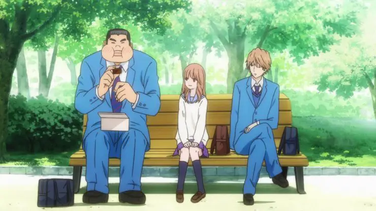 high school anime students sit on a bench