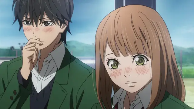 high anime boy and girl in an awkward romantic encounter
