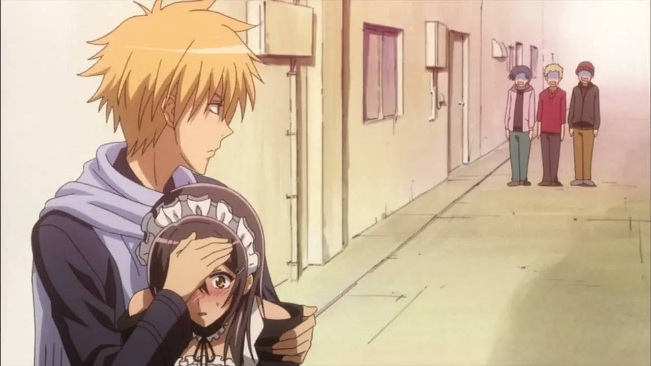 high school anime couple embrace