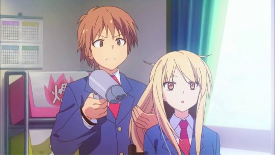 high school anime boy and girl doing hair