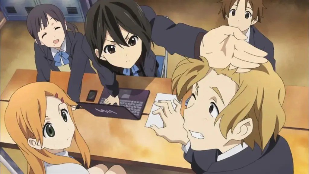 high school anime boys and girls with a laptop