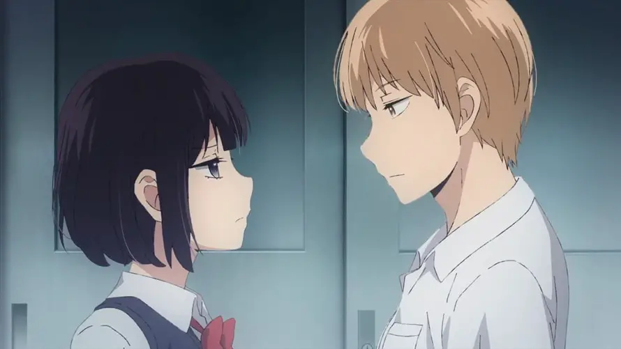 high school anime boy and girl facing each other